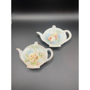 Set of 2 Vintage Porcelain Tea Bag Rests Floral Hand Painted